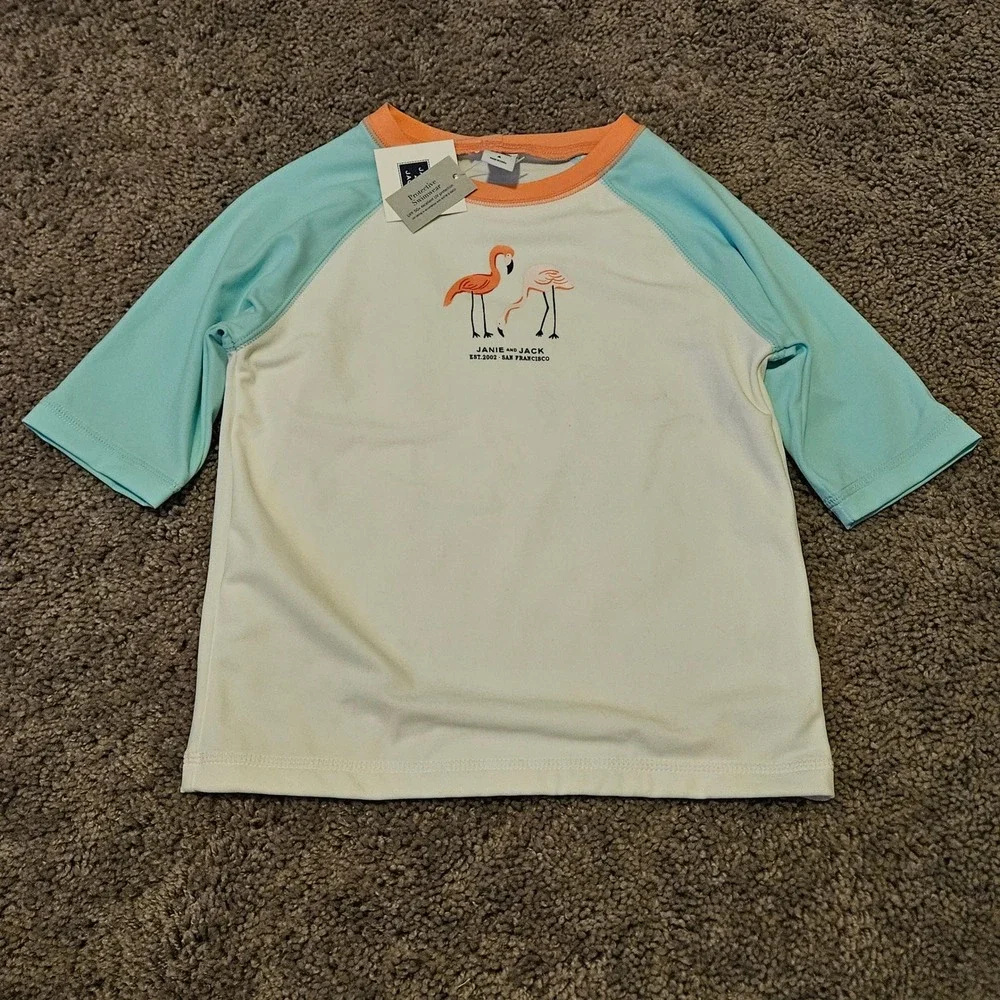 Janie and Jack Rash Guard Kids 4 White NEW Flamingo UPF 50+ Sun Protection Shirt
